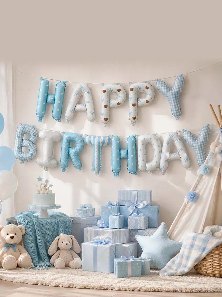 НадписьHappyБантикиГолубые